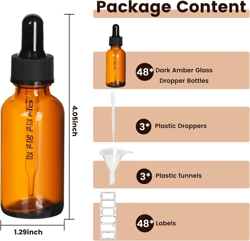 AuroTrends Amber Dropper Bottle 1 oz 48Pack, Glass Tincture Bottles with Dropper - Amber Glass Dropper Bottle 1 oz with Funnel/Stickers/Plastic Graduated Pipette (1fl.oz, Set of 48) - Image 4